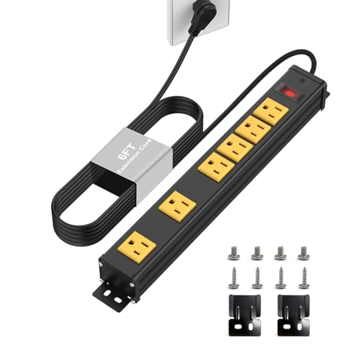 Image of 6 Outlet Wall Mount Metal Power Strip, 2 Extra-Wide (2.55IN) and 4 Standard Spaced Outlets, Flat Plug Extension Cord 6FT 14AWG with Switch, 15A 1875W ETL Listed for Garage, Workshop, Home
