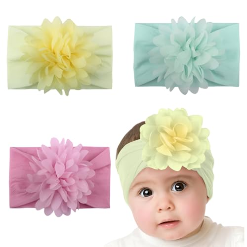 Image of SYGA PACK OF 3 Headbands Nylon Flower Soft Stretchable Hairband for Newborn Infant Toddler Kids For 0-3 Year (MediumPink-Beige Yellow-Turquoise)