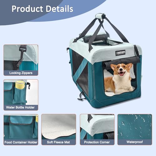 JESPET Soft Dog Crates Kennel for Pets, 3 Door Soft Sided Folding Travel Pet Carrier with Straps and Fleece Mat for Dogs, Cats, Shale Green, 36'' (8-Teal Blue, Large(30" L x 21" W x 23" H)) - Thumbnail 4