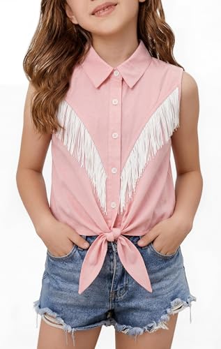 Image of Girls Fringe Shirt Sleeveless Button Down Western Cowgirl Tassel Trim Casual Blouse Shirt Top 4-13Y