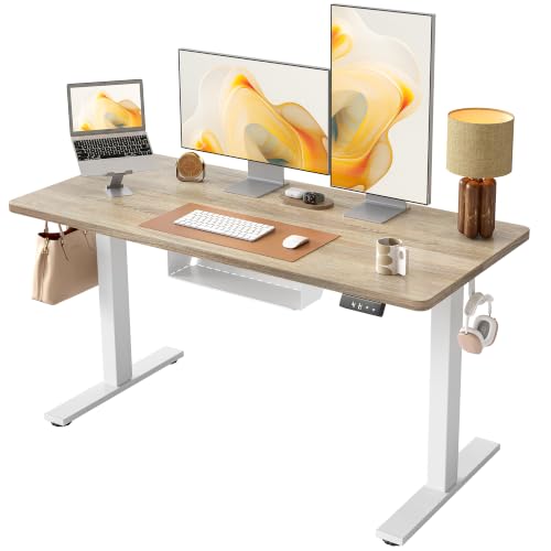 Image of TIQLAB Electric Standing Desk with Cable Tray, 55'' x 24'', Maple