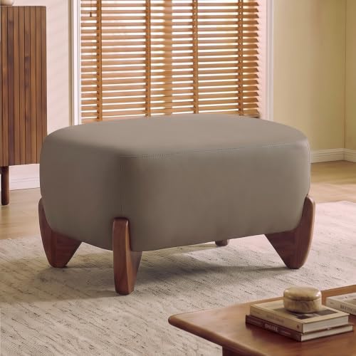 Image of WUTUTUEE 28.7 inch Faux Leather Ottoman with Solid Wood Legs, Modern Upholstered Footstool, Comfy Ottoman for Living Room, Bedroom, Tan