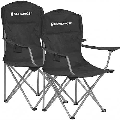 SONGMICS Set of 2 Folding Camping Chairs Comfortable Heavy Duty Structure Max. Load Capacity 330 lb Outdoor Chair with Cup Holder for Camping Garden Fishing Terrace Black UGCB08BK