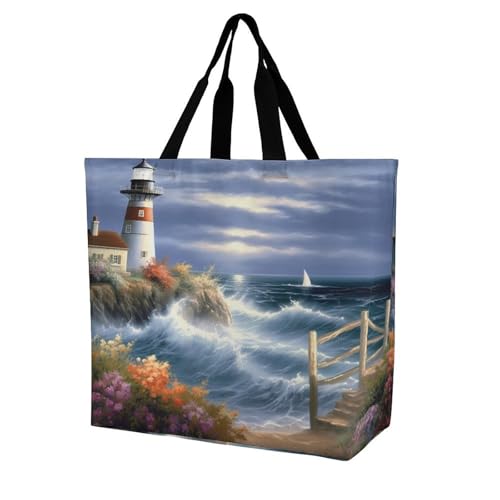 Women's Multi-Functional Shopping Bag，Lighthouse Diamond Painting Printing Messenger Bag Shoulder Bag for Travel, Work, Shopping & Parties with Inner Pocket, Grocery Bag Lightweight & Water-Resistant