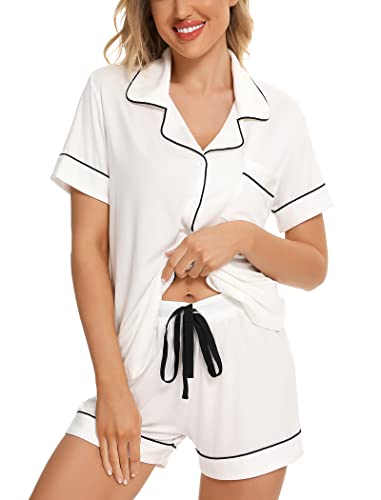 Leikar White Pajama Set Button Down Pajamas Bride Pajamas Sleepwear Shorts Pjs Lounge Set #TOP6