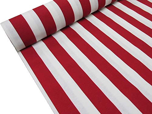 Confección Saymi Metraje 2,45 MTS Tejido loneta Estampada Ref. Rayas 40 Rojo, con Ancho 2,80 MTS.