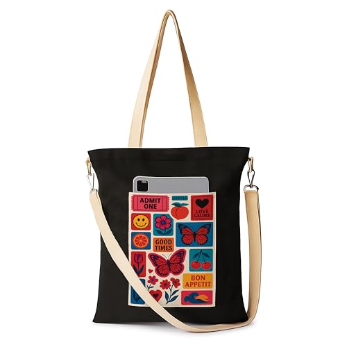 Image of ZORI Black Sling Tote Bag With Pocket and with Beige Straps, Tote Bags For Women large capacity,Tote bag For Shopping, College, Travel, More Canvas Handbag For Unisex