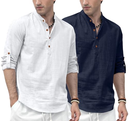 Image of Zombom Men's Combo Cotton Polyester Blend Solid Full Sleeve Straight Regular Fit Mandarin /Chinese Collor Kurta (Pack of 2)