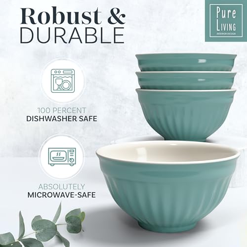 16-Piece Dinnerware Set - Bowl and Plate Set - Stoneware Dining Set for 4 People - Dishwasher and Microwave Safe - Grooved Dining Service in Green