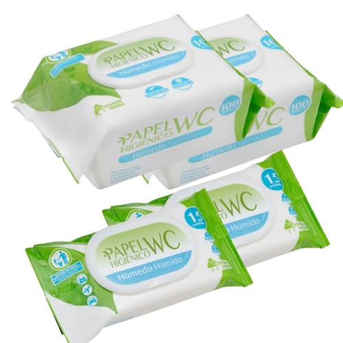 Papel Higiénico Húmedo, 100 Unidades, Pack de 2 + 2 Paquetes de Viaje de 15 Unidades