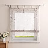 CORLIF Raffrollo mit Schlaufen Leinenoptik Raffgardine Chrysantheme-Druck Fenster Schlaufenrollo Küche Transparent Kurzvorhang Landhausstil BxH 100x140 cm Sand
