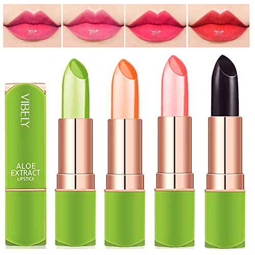 4 Stück Magischer Temperatur Farbwechsel Aloe Vera Lippenstift, Dulele Wasserdichte Langlebige Lippenbalsam Pflegender Lippenstift Kosmetik Make up (FFF) Cover