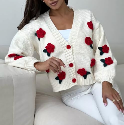 BAIMORE Women's Cute 3D Floral Crochet V Neck Button Down Long Sleeve Chunky Crop Sweater Cardigan4