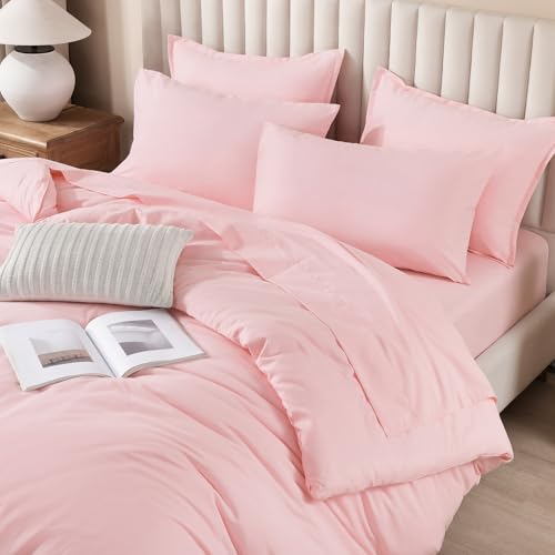 Litanika Twin/Twin XL Size Comforter Sets Pink - 5 Pieces Bed in a Bag Twin/Twin XL Bedding Comforter Sets, Solid Lightweight Bed Set with Comforter, Sheets, Pillowcase & Sham