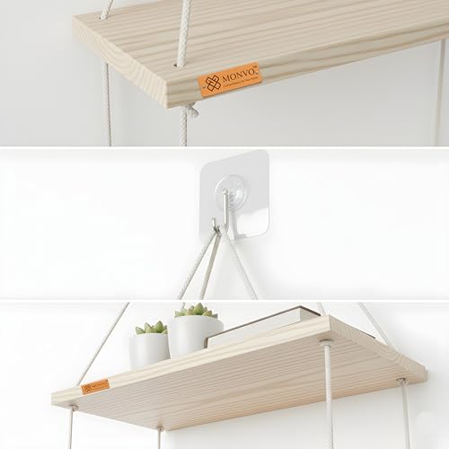 Image of 2 Tier Hanging Shelf | Wall Decor with Adhesive Wall Hooks | Rustic Wood Floating Shelves for Bedroom, Living Room, Kitchen - Boho Swing Plant Holder