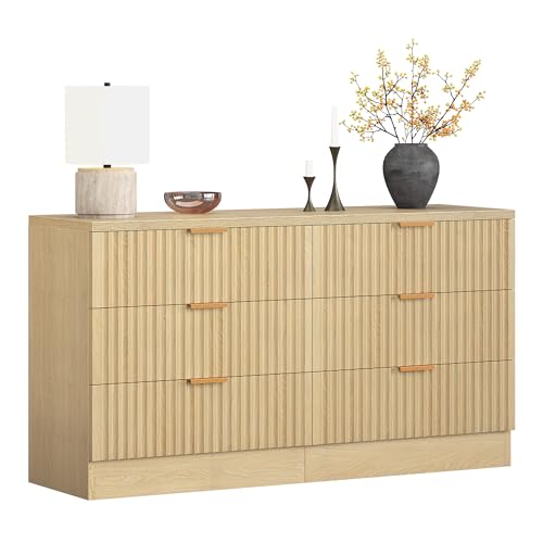 DWVO 6-Drawer Dressers, Chest of Drawers with Fluted Panel, Wide Versatile Storage Dresser Organizer for Living Room, Kitchen and Office, Natural, Upgraded