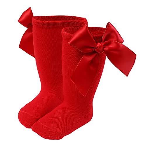 Knee High Socks Newborn Infants Girls Tube Ruffled 𝚄niform Long Stockings Toddlers Warm School (Red #1, 12-36 Months)