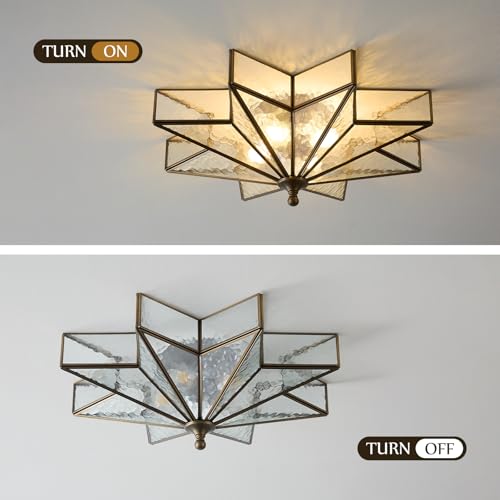 Image of Star Brass Ceiling Light - 19.7 In Large Black Hammered Glass Flush Mount
