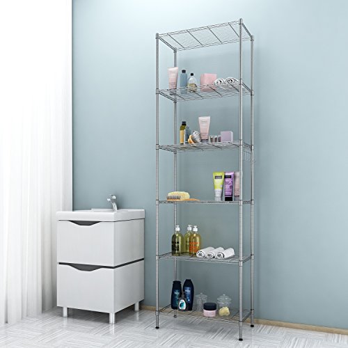 Homdox 6-Tier Storage Shelf Wire Shelving Unit Free Standing Rack Organization With Adjustable Leveling Feet, Stainless Side Hooks, Silver #TOP1
