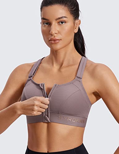 Image of SYROKAN Womens' Sports Bra High Impact Support Zip Front Adjustable Large Bust Racerback Wirefree Padded