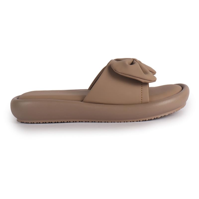 Image of FAUSTO Women Open Toe Bow Design Slip On Sliders | Extra Comfort Cushioned Insole Slippers | Classic Flat Sandals for All Day Long