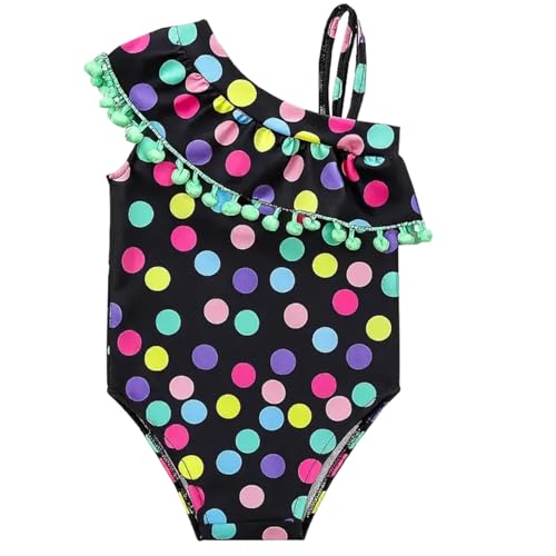 stylesilove Little Girls Polka Dots One Shoulder Pom Pom Trim One-Piece Swimsuit