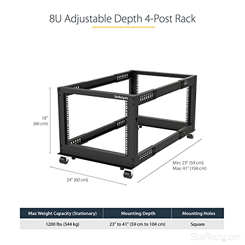 Image of StarTech 8U 4-Post Server Rack, 19in Open Frame Rack with 40in (101cm) Mounting Depth and 1200lb (544kg) Weight Capacity, Mobile or Floor Mount IT Rack