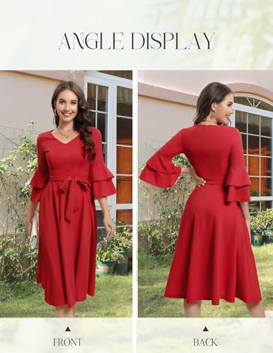 Image of DRESSTELLS Women's Cocktail Dress Summer Wedding Guest Party Vintage 3 /4 Bell Sleeve V Neck A-Line Dress