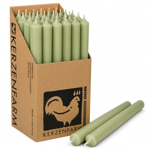 Extra lange Stabkerzen Salbei-Grün 25 cm (250 mm) Ø 2 2 cm durchgefärbt & tropffrei Made in Germany Kerzenfarm Hahn 12 Std. Brenndauer wählbar 10 oder 25 Stück (10 Salbei-Grün)