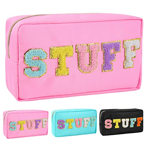 SOIDRAM Preppy Makeup Bag Nylon Cosmetic Bag Pink Stuff Makeup Pouch for Women Girls Travel Toiletry Bag Organizer Cute Makeup Brushes Storage Bag with Chenille Letter Patches