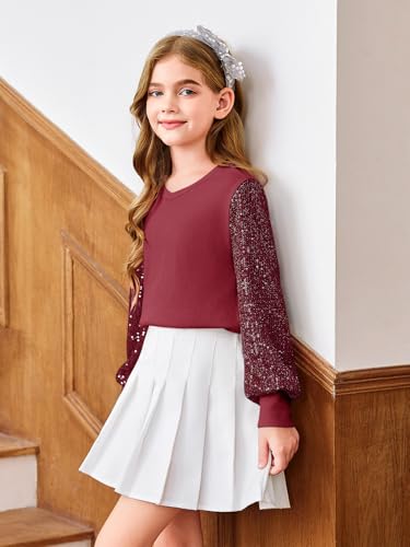 Image of Haloumoning Girls Sequin Shirts Kids Cute Long Sleeve V Neck Tops 5-14 Years