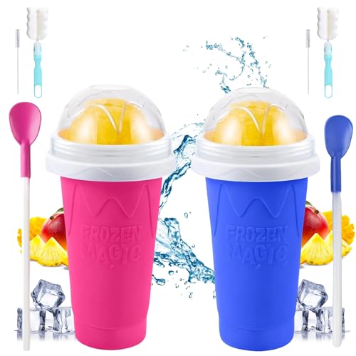 2 Pack Slushie Cup Maker with Sponge Brush & Straw Brush Slushy Cup Maker Frozen Magic Squeeze Cups with Lid & Straw for Smoothies Milk Juice and Ice Cream Pink & Blue