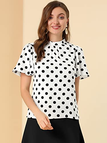 Allegra K Women's Polka Dots Blouse Stand Collar Pleat Keyhole Back Short Flare Sleeve Tops4