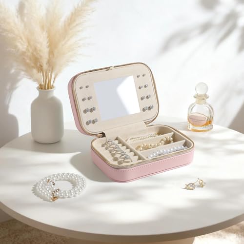 Image of Genuine Leather Travel Jewelry Organizer Case with Mirror for Women, Small Mini Portable Jewelry Box for Ring Earrings Necklace Bracelet Luxury Gift for Women（Pink）