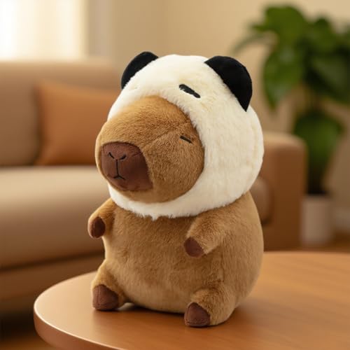 Image of Cute Capybara Plush Wear Panda Hat, Kawaii Soft Capybara Plushie Pillow, 14 inch Capybara Stuffed Animal Hugging Gifts for Kids Adults (Panda Capybara)