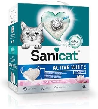 Sanicat - Arena Aglomerante Active White con Flor de Loto, Hecha de minerales naturales con control de olor garantizado, Absorbe la humedad y facilita la limpieza, 6 L de capacidad