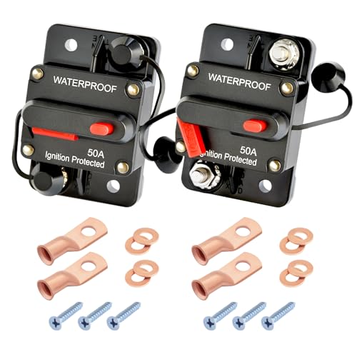Bolipoeq 50Amp Circuit Breaker DC 12V-48V for Marine Boat Trolling Motor Automotive RV Trailer Car Solar System Battery Disconnect with Manual Reset Switch IP67 Waterproof (Pack of 2)