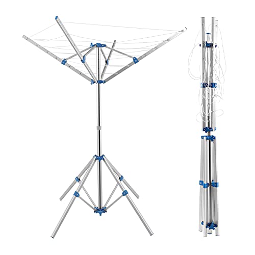 Youyijia Rotary Washing Line 4 Arms 15m Portable Washing Line 142x142x160cm with 4 Stable Legs Portable Line Clothes Airer Cloth Rotary Airer for Outdoor Silver