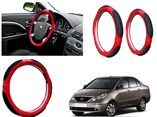 Image of Microfiber Car Steering Wheel Cover, Soft Padding Great Hand Feel, Anti-Slip, Faux Leather Steering Cover for Tata Indigo | Black Red Jali - Pack of 1