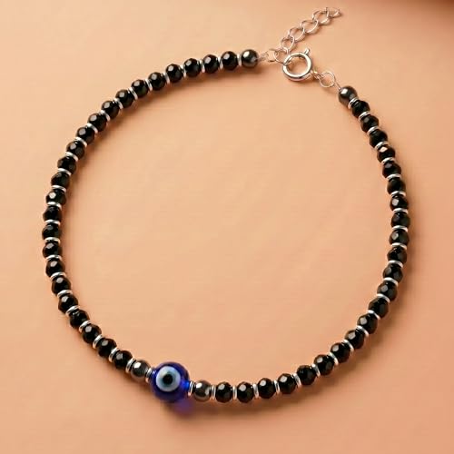 Image of Nazariya Anklet, Single | Pure 925 Sterling Silver Evil Eye Anklet with Black Crystal & Silver Beads for Women & Girls | Comfortable & Adjustable for Every Day Wear