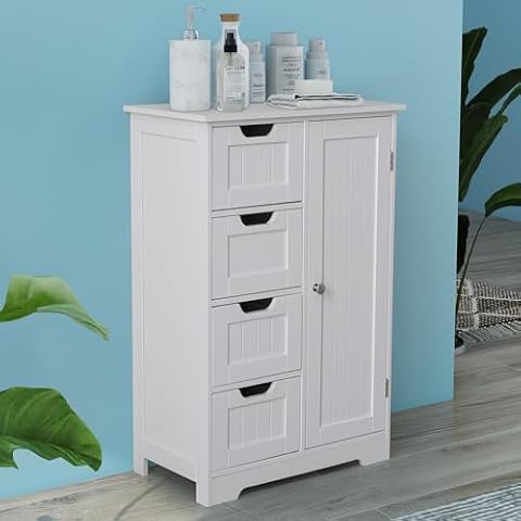 VANIRROR Bathroom Floor Cabinet 22x32 Inch Bathroom Cabinets Freestanding Storage Cabinet with Adjustable Shelves- Matte White Finish, 4 Drawers & 1 Door, Anti-Tipping Design Cover