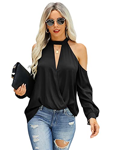 SheIn Women s Cold Shoulder Cut Out V Neck Long Sleeve Wrap Blouse Top Black M