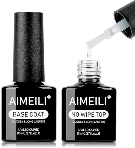 AIMEILI Base y Top Coat Semipermanente Esmalte Alta Brillo UV LED Kit de Uñas Gel de Regalo Para Kit de Manicura Soak off Manicura y Pedicura Vegano - 2 x 8ml