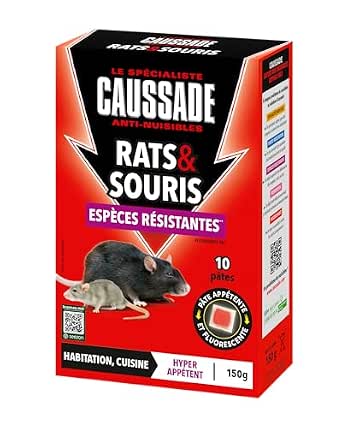 CAUSSADE Anti Rats & Souris - Efficacité radicale - Lieux secs & humides - 10 Sachets pâtes Fluorescents- Prêt à l'emploi - Une Ingestion Suffit - Fabriqué en France - 150g - CARSPTFLUO150