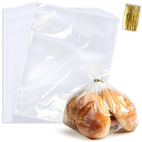 Juome 100 Pcs Bread Bags for Homemade Bread Sourdough, Clear Plastic Sourdough Bread Bags, Reusable Bakery Bags with Ties, Bread Storage Container for Sourdough, Cookies, Snacks