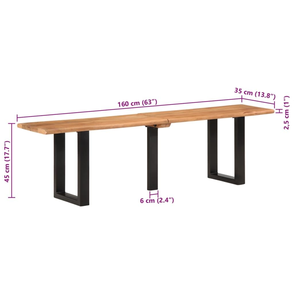 Banco de madera de acacia de 160 cm con estructura de acero para pasillo y salón, diseño estable con borde de árbol, duradero y resistente, madera sostenible, aspecto natural