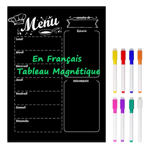 MoKo Français Tableau Magnetique Frigo, A3 Planning Frigo Magnetique pour Réfrigérateur avec 8 Craies Liquides Colorées, 40 cm x 30 cm Planifier Les Repas Familiaux,...