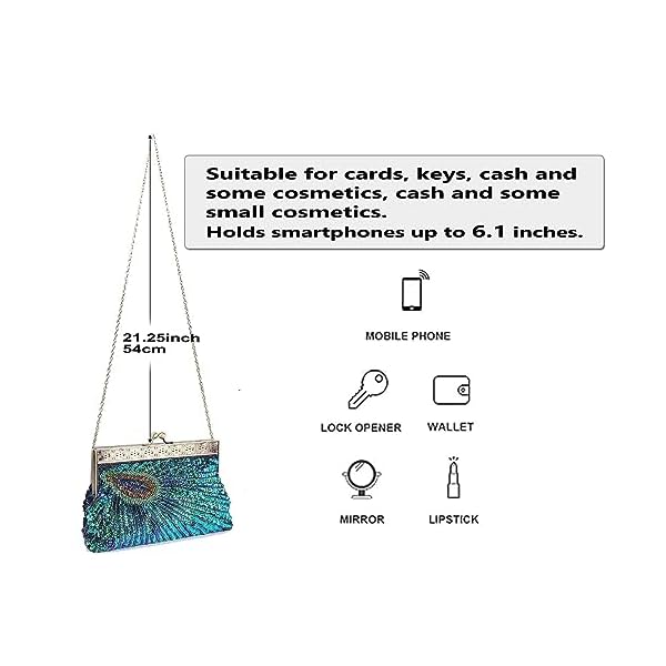 Vistatroy Vintage Style Beaded And Sequined Evening Bag Wedding Party Handbag Clutch Purse for Women Evening (Peacock blue) - Image 4