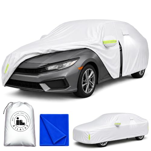 Image of Car Cover All Weather Custom Fit for Honda Civic Waterproof 10 Layers Full Cover Universal Heavy Duty Sun UV Rain Hail Protection with Driver Door Zipper Breathable Vents.