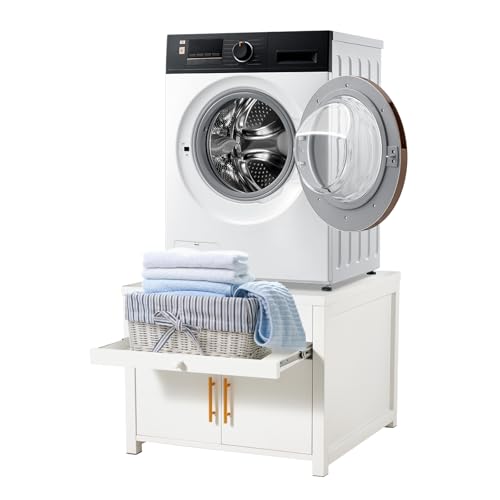 Image of Laundry Pedestal for Washer and Dryer 700LBS Capacity(White) | Heavy Duty Shock-Proof Washer Stands, Washer and Dryer Stand with Pull-Out Shelf Hidden Storage Drainage